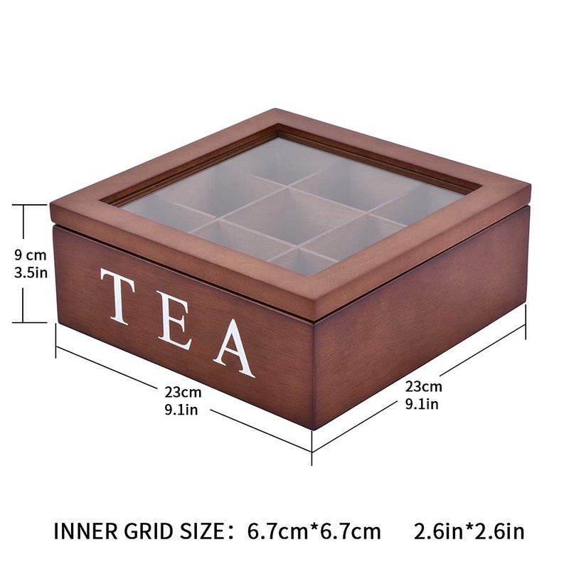 Fonture Wood Tea Storage Box, Teabag Storing 9 Compartments Wooden Tea Box Hinged Glass Lid Tea Organizer-Black - Image 4